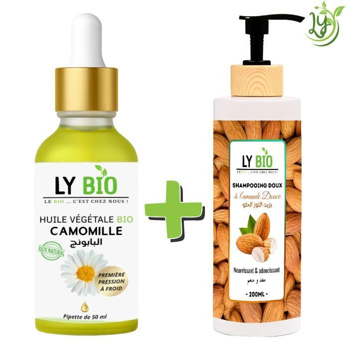 LYBIO PACK HUILE CAMOMILLE 50ML - PIPETTE + SHAMPOOING AMANDE DOUCE 200ML - NOURRISSANT & ADOUCISSANT
