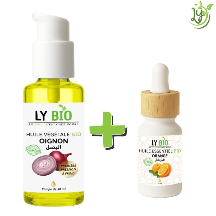 LYBIO PACK HUILE OIGNON 50ML - POMPE + HUILE ESSENTIEL ORANGE 10ML