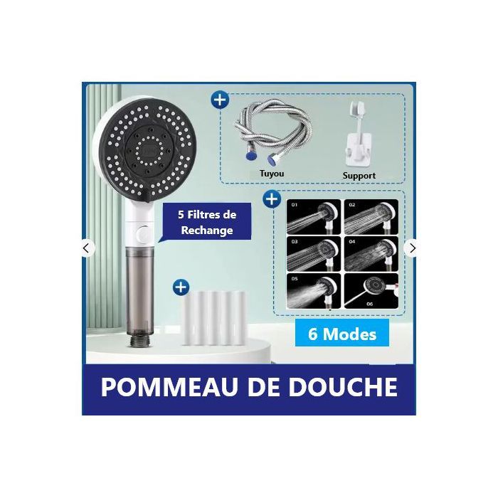 Pommeau de douche - Haute Qualité - 6 modes - Filtration de l'eau - ABS - Économie d'eau