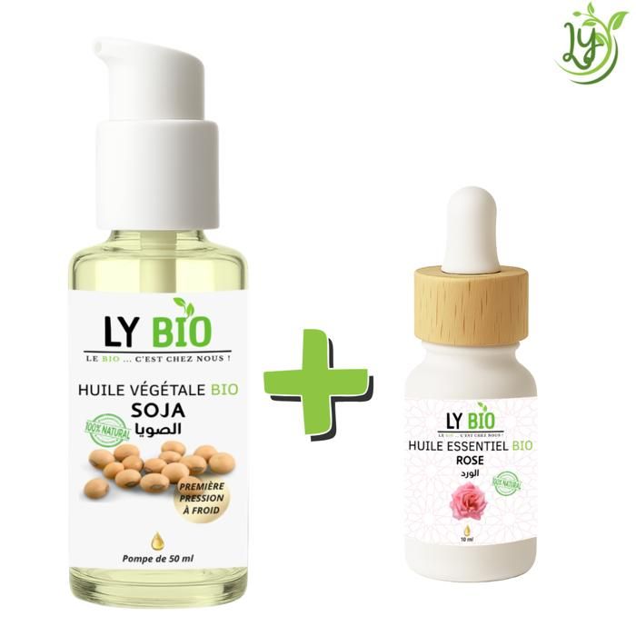 LYBIO PACK HUILE SOJA 50ML - POMPE + HUILE ESSENTIEL ROSE 10ML