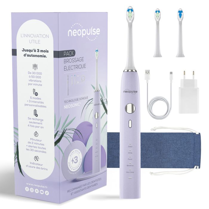 Brosse à dents électrique - NEOPULSE - Lilas - 15 modes de brossage - Rechargeable USB - Indicateur d'usure