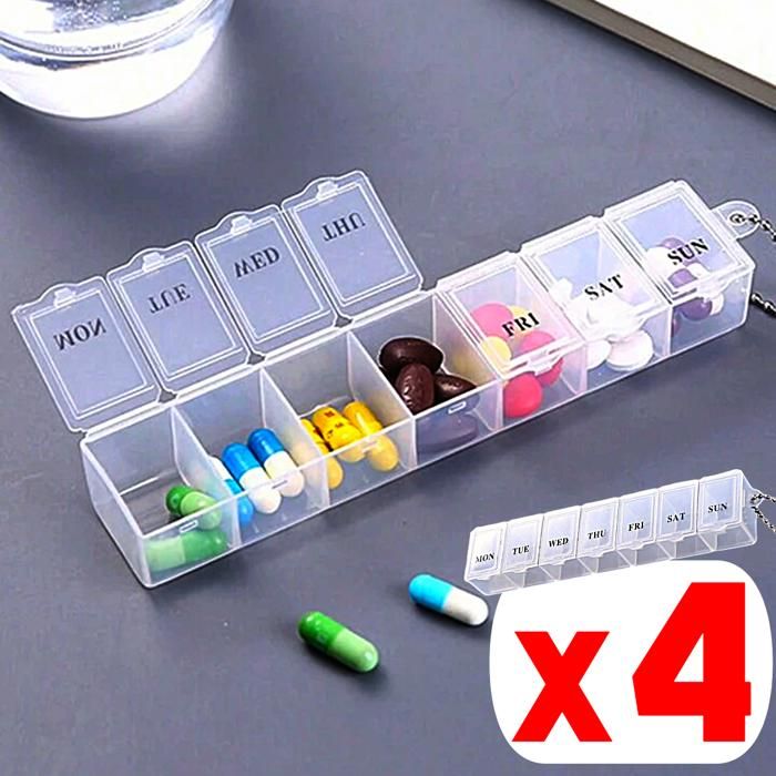4 Boites à médicaments Semainier Pilulier quotidien Distributeur de Médicaments pour Pilule Capsule hebdomadaire 7 jours
