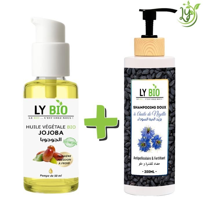 LYBIO PACK HUILE JOJOBA 50ML - POMPE + SHAMPOOING A L'HUILE DE NIGELLE 200ML - ANTIPELLICULAIRE & FORTIFIANT