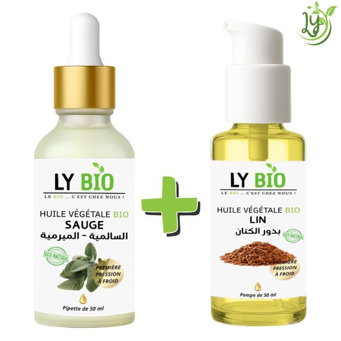 Pack Huile - LYBIO - Sauge 50ml - Pipette - Lin 50ml - Pompe - Hydratant