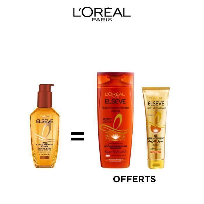 ROUTINE  ELSEVE HUILE EXTRAORDINAIRE CHEVEUX TRÈS SECS : HUILE 100ml = SHAMPOING 200ml + OIL REPLACEMENT 125ml