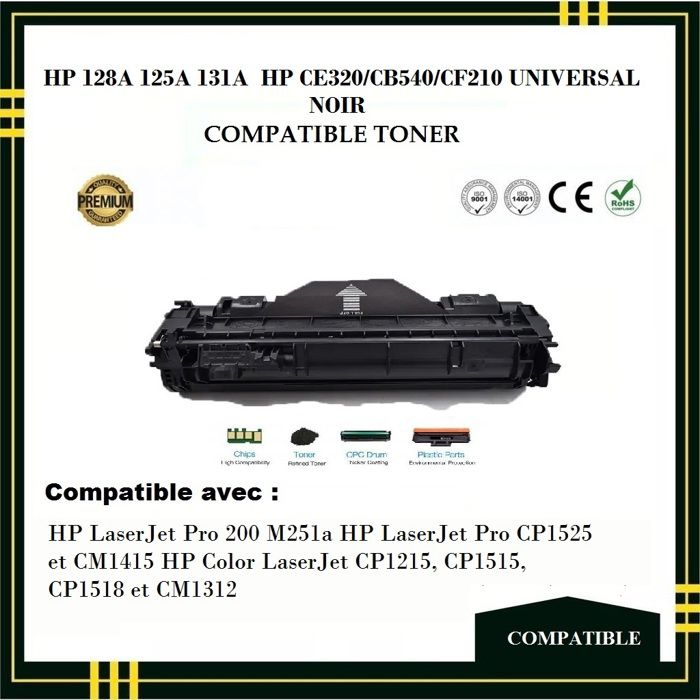 HP 128A 125A 131A HP CE320/CB540/CF210 UNIVERSAL NOIR TONER COMPATIBLE POUR HP
