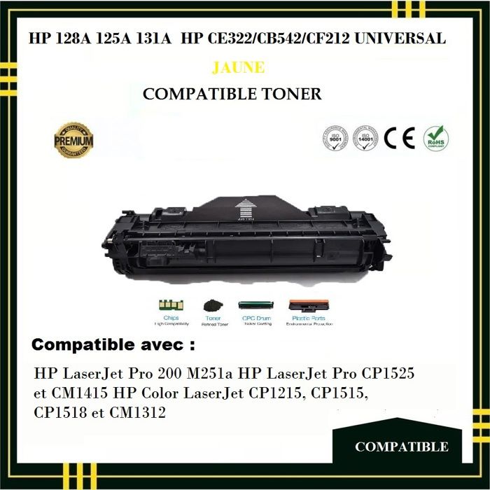 HP 128A 125A 131A HP CE322/CB542/CF212 UNIVERSAL JAUNE TONER COMPATIBLE POUR HP