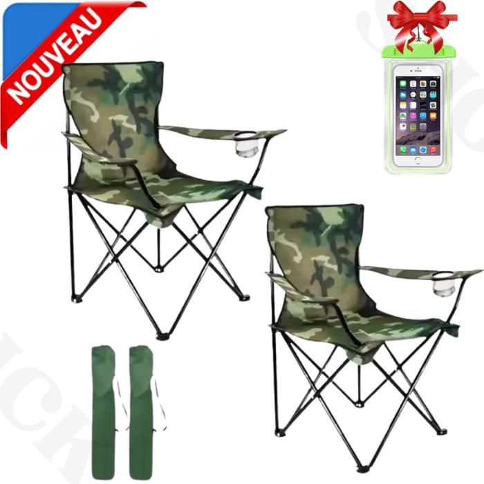 2 Chaises Plage Pliable, De Pêche plus porte-Bouteille et sachet plein air + Etui Etanche