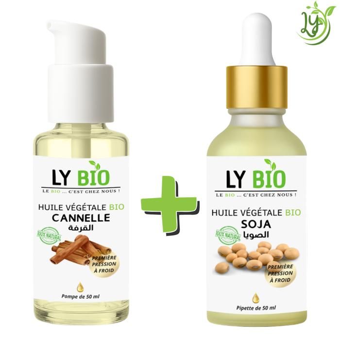 Pack d'huiles végétales - LYBIO - Huile de cannelle 50ml - Huile de soja 50ml - Nourrissant - Mixte