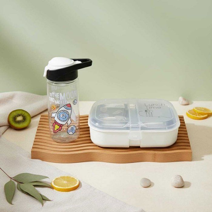 Pack Lunch box +gourde 500ml en plastique alimentaire sans BPA deux compartiments en inox -3 couverts  21/15cm