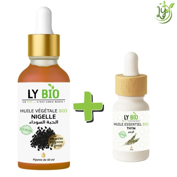 Pack Huile Nigelle 50ml - LYBIO - Pipette - Huile Essentielle Thym 10ml - Soin Complet - Hydratant