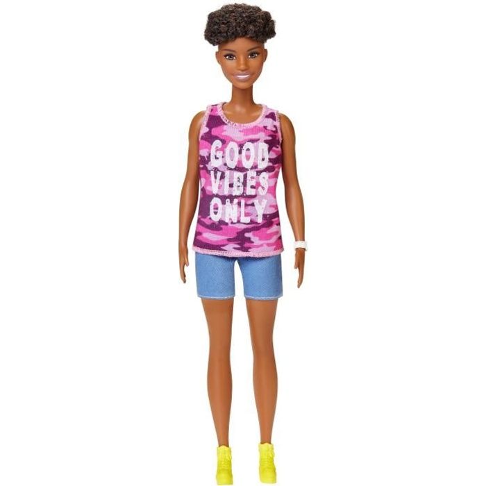 Jouet Poupee - Poupée Mannequin #128 Cheveux Courts Rasés Sur Côtés Short Débardeur Rose Baskets Jaunes