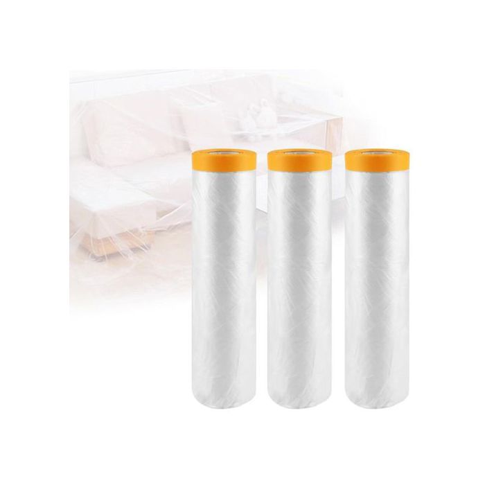3 Rouleaux Bache de Protection Peinture, Ruban de Masquage Peinture avec Bache, Film de Masquage pour Meuble de Protection