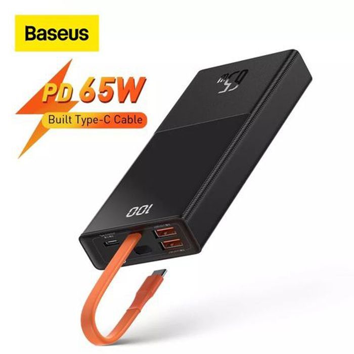 Baseus Power Bank PD 65W 20000mAh, Portable avec câble intégré, charge rapide