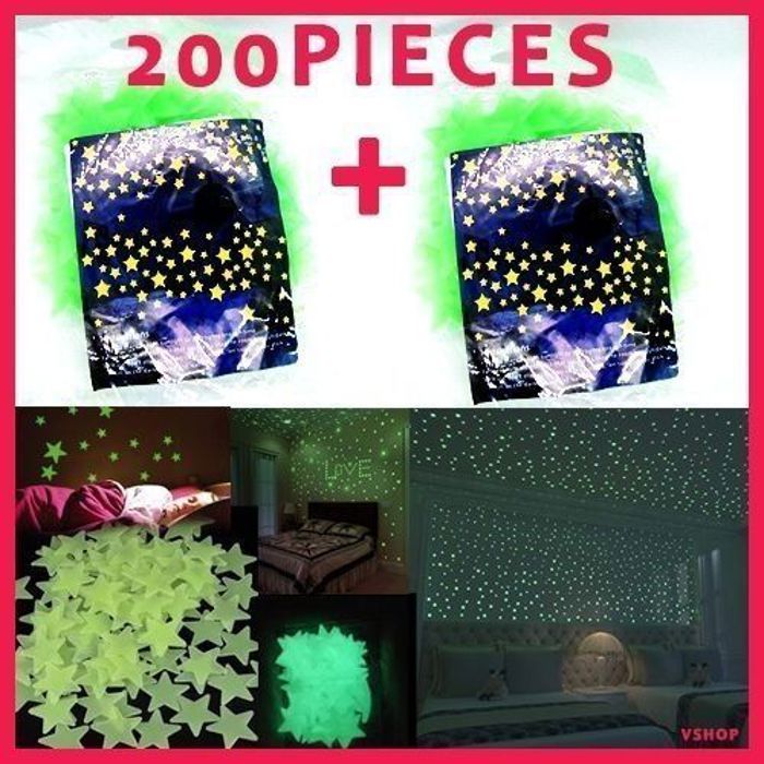 Étoiles phosphorescentes - Glow in the Dark - Lot de 200 - Multicolore - Décoration murale - Ambiance nocturne
