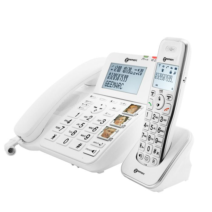 Fast telefon för seniorer - GEEMARC - AmpliDECT Combi 295 - Svarare 15 min - Ringning 80 dB - Vit