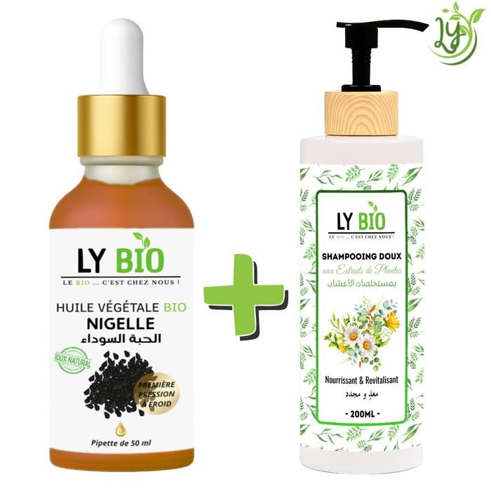 LYBIO PACK HUILE NIGELLE 50ML - PIPETTE + SHAMPOOING AUX EXTRAITS DE PLANTES 200ML - NOURRISSANT & REVITALISANT