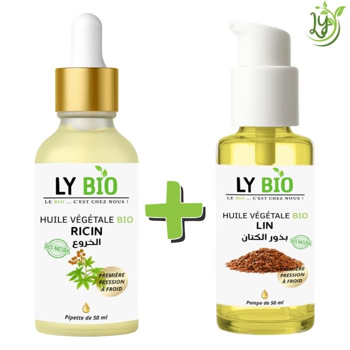 Pack Huile - LYBIO - Ricin 50ml avec Pipette - Lin 50ml avec Pompe - Hydratant - Réparateur