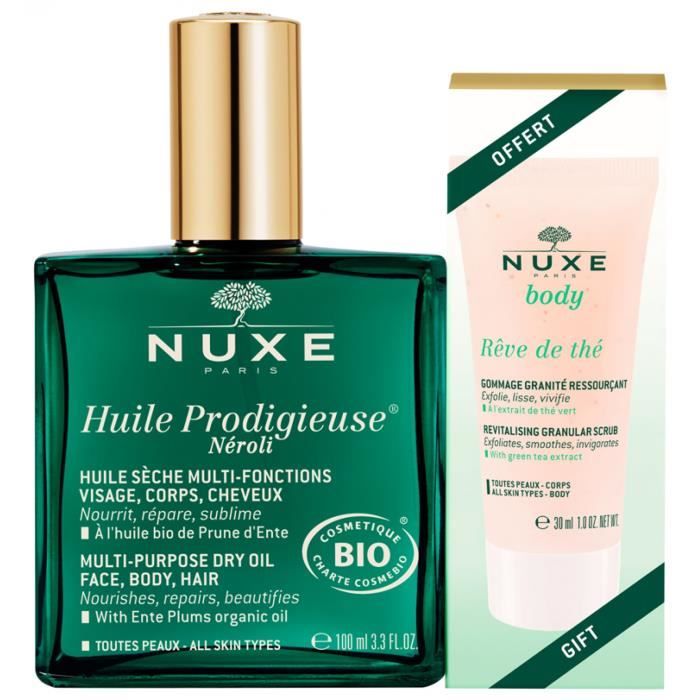 Huile Prodigieuse Néroli - NUXE - 100 ml - Multi-fonctions - Répare la peau - Gommage Rêve de Thé 30 ml