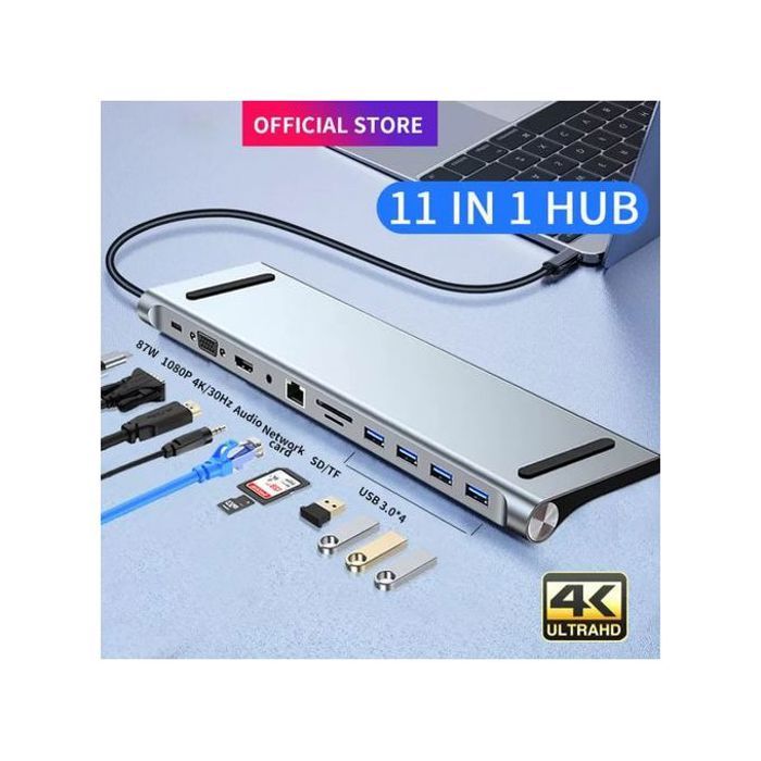 11 en 1 Type C Station d'accueil Adaptateur USB 3.0 Hub Pour Macbook et PC, HDMI VGA RJ45 ..