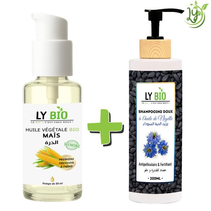 LYBIO PACK HUILE MAIS 50ML - POMPE + SHAMPOOING A L'HUILE DE NIGELLE 200ML - ANTIPELLICULAIRE & FORTIFIANT