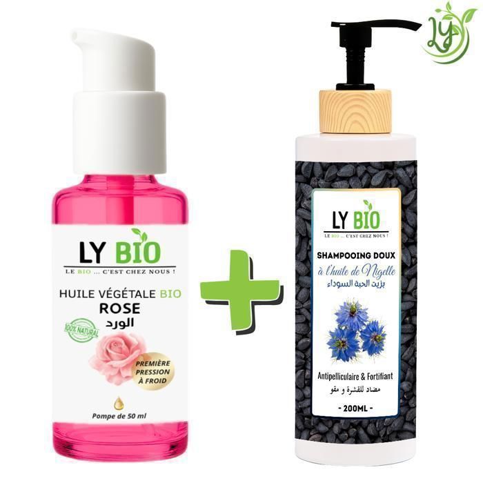 LYBIO PACK HUILE ROSE 50ml - POMPE + SHAMPOOING A L'HUILE DE NIGELLE 200ML - ANTIPELLICULAIRE & FORTIFIANT