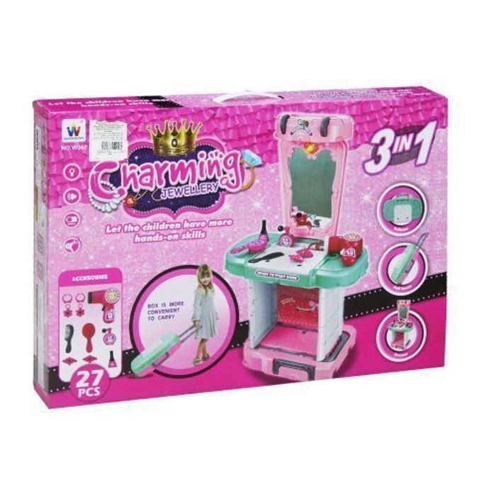 Jeu coiffeuse pour filles - Charming Jewelry - 3 en 1 - 27 pièces - Miroir inclus - Rose