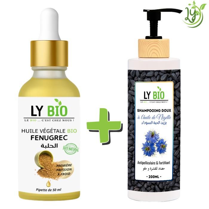 LYBIO PACK HUILE FENUGREC 50ML - PIPETTE + SHAMPOOING A L'HUILE DE NIGELLE 200ML - ANTIPELLICULAIRE & FORTIFIANT