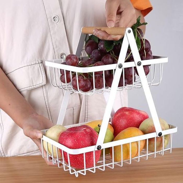 Panier à Fruit - Métal - 2 Étages - Poignée en Bois - Noir - Durable