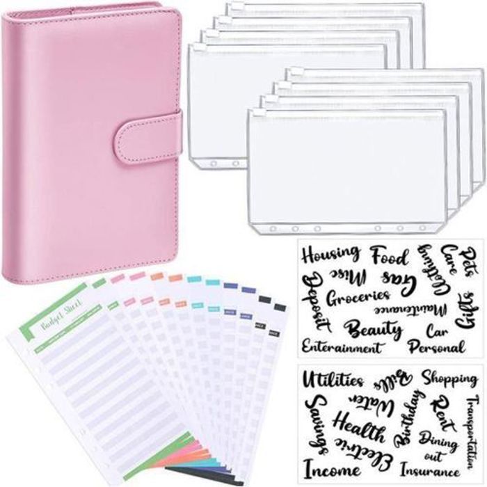 Enveloppe Budget Planner,Classeur Enveloppe Budget, A6 poche zippée poche macaron cahier cuir PU Feuilles de Budget , rose