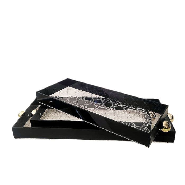 Set de plateaux - A-109 - Plexiglas - Bordures noires - Anses dorées - Rectangulaires