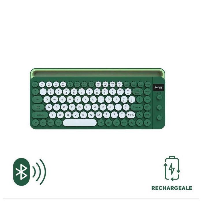 Jedel Clavier rechargeable WKB100 sans fil 2.4Ghz + double Bluetooth 90 touches + Multimedia avec support Téléphones et tablettes