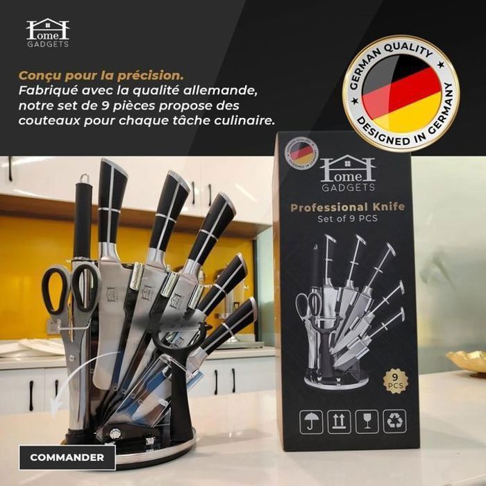 Ensemble de Couteaux Professionnel avec Support Rotatif - 9 Pièces