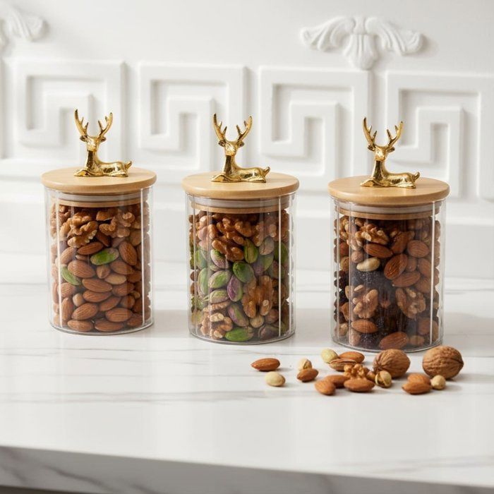 Bocaux de rangement - AYA HOME - Lot de 3 - Verre hermétique - Couvercle en bambou - Design élégant 12cm chacun