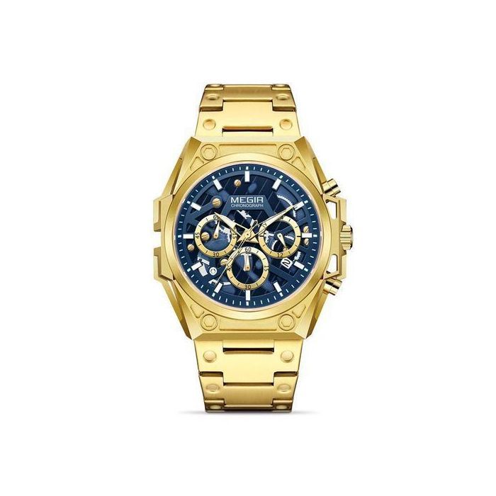 Montre - MEGIR - Chronographe Sport - Dorée - Bleu - Étanche