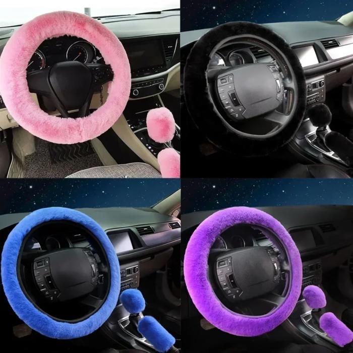 Ensemble de housses en fourrure pour volant et accessoires de voiture (3 pièces)(Couleur aléatoire)