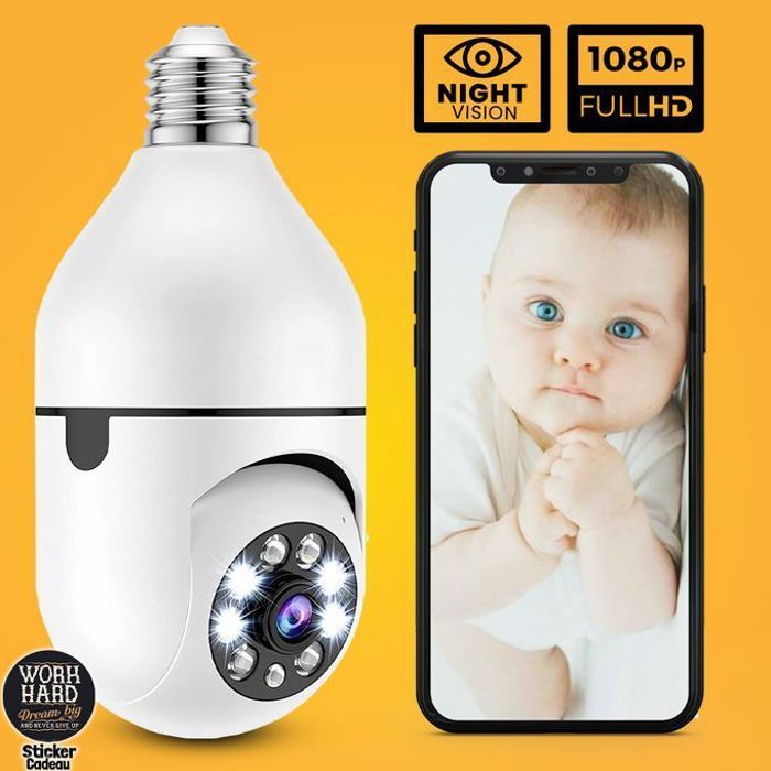 Caméra vidéo surveillance sans fil wifi full hd 360°degrés et audio+sticker