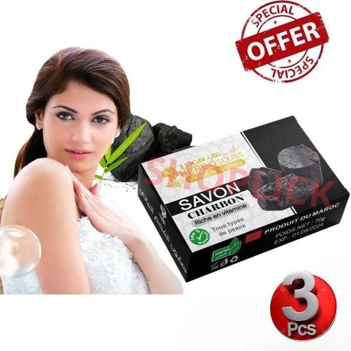Pack de 3 Pieces Savons charbon actif, Soin Naturel pour Peau Douce et Éclatante 70g