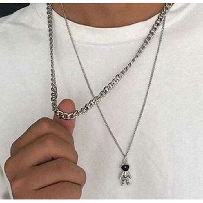 Collier pour homme - Astronaute - Argent - 2 chaînes - Pendentif - Adulte