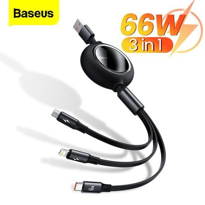 Baseus Câble de données rétractable 66W 3 en 1 USB A vers M+L+C Type-C Charge Rapide