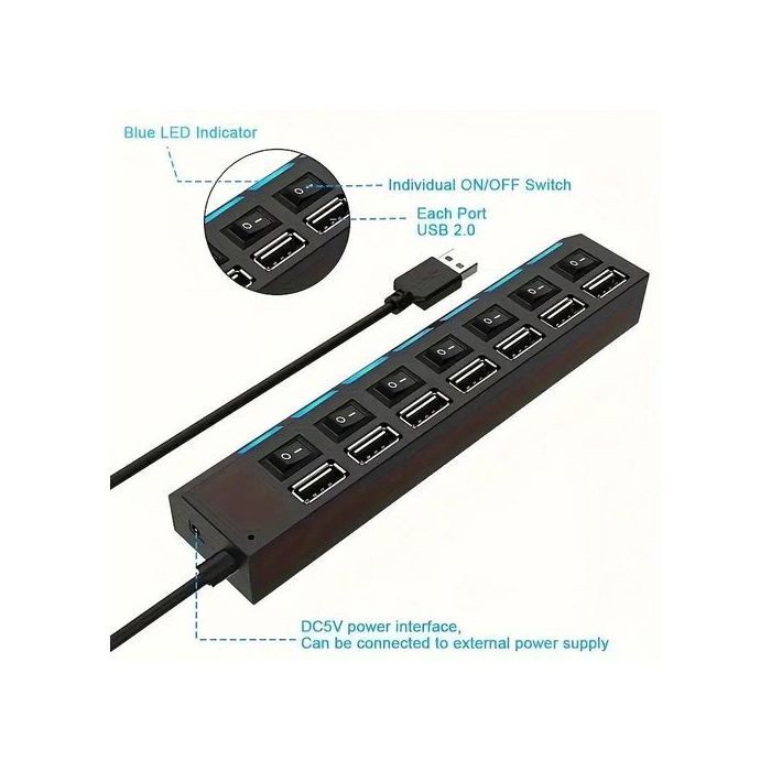 Hub USB 2.0 noir à 7 ports avec voyant marche/arrêt pour ordinateur portable et PC