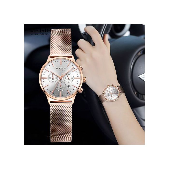 Montre Femme - MEGIR - Design Élégant - Acier Inoxydable - Étanchéité 30M - Cadran Rose
