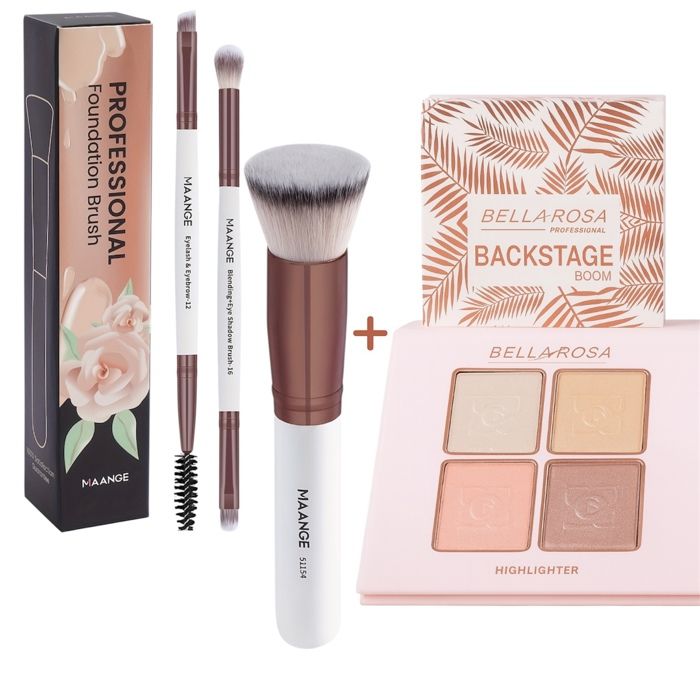 Pack Bellarosa highlighter 4 teintes + pinceaux MAANGE , coffret maquillage pro pour un teint éclatant et sculpté au quotidien