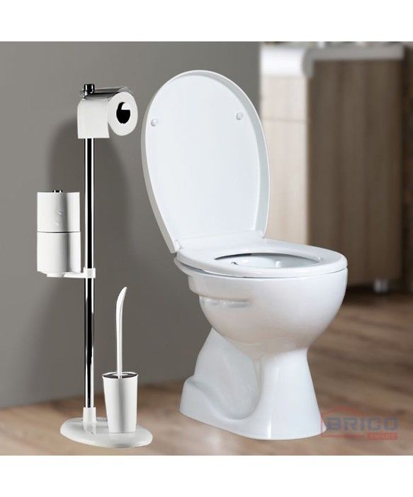 Ensemble Support Brosse WC et Porte-Papier - Blanc - 3 en 1 - Sans perçage - Pratique et élégant