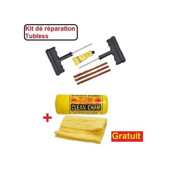 Kit réparation pneus tubeless auto-moto + peau de chamois