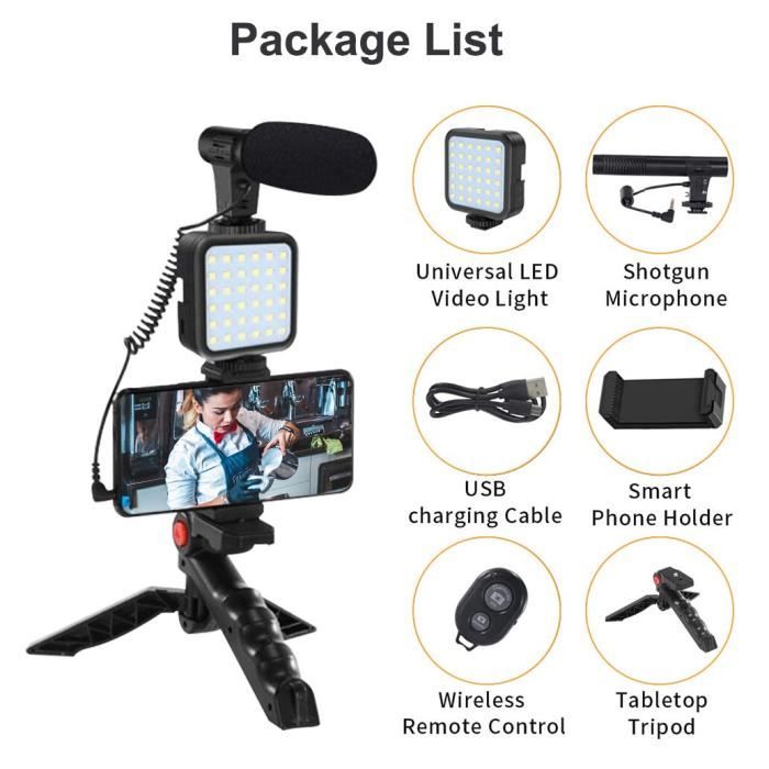 Trépied photo,Mini trépied avec Microphone et lumière LED, support de téléphone Portable, trépied pour caméra SLR - Black[F4041]