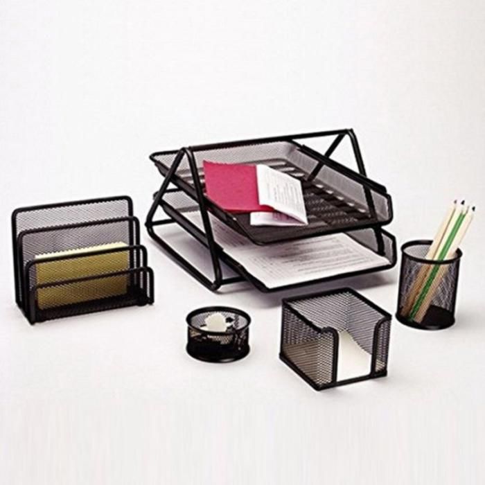 Kit de Rangement de Bureau - Métal Noir - 5 Pièces - Design Élégant - Multi-usages - Construction Robuste