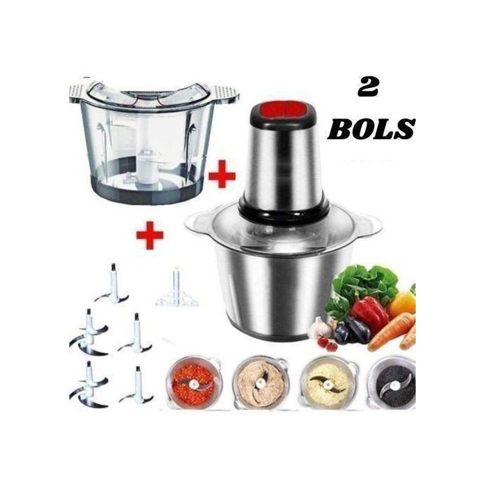Cooking Hachoir électrique 3 Litres , 2 bols Inox et Verre + 5 Lames et batteur et spatule multifonction