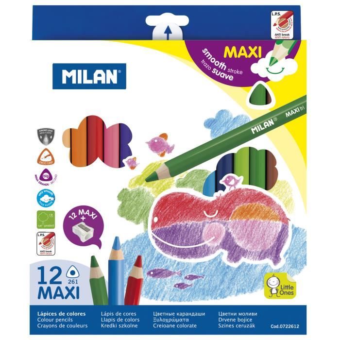 Crayons de couleur - MAXI - 12 pièces - Triangulaires - Mine 5 mm - Taille-crayons inclus