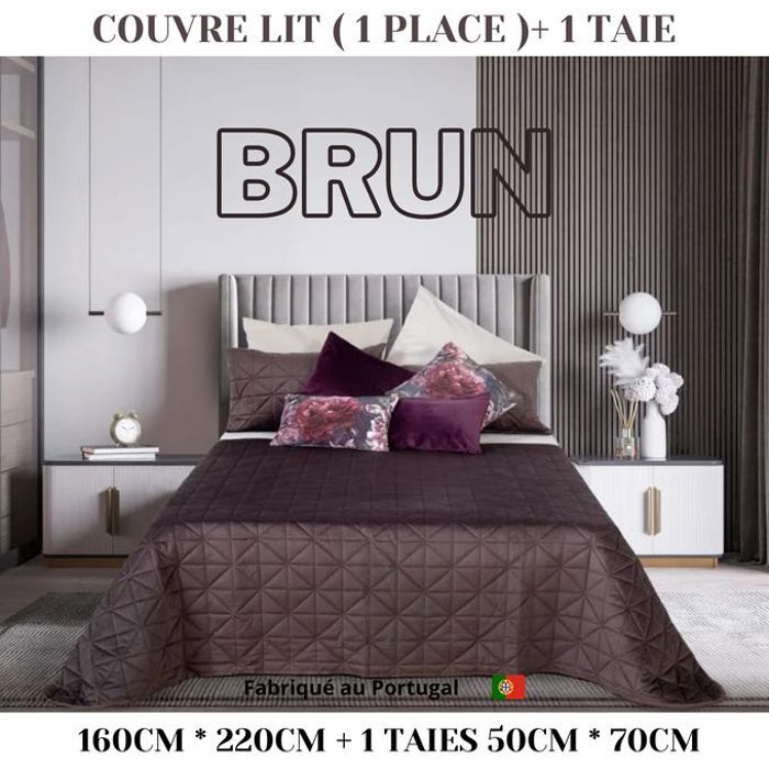 Couvre-lit Matelassé Marron - Porto - 160x220 cm - 1 Taie d'oreiller